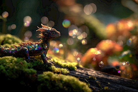 Ein Drache mit Glitzerkleid steht für das Motto "Märchen, Mythen und moderne Helden". Der Drache steht in einer märchenhaften Landschaft